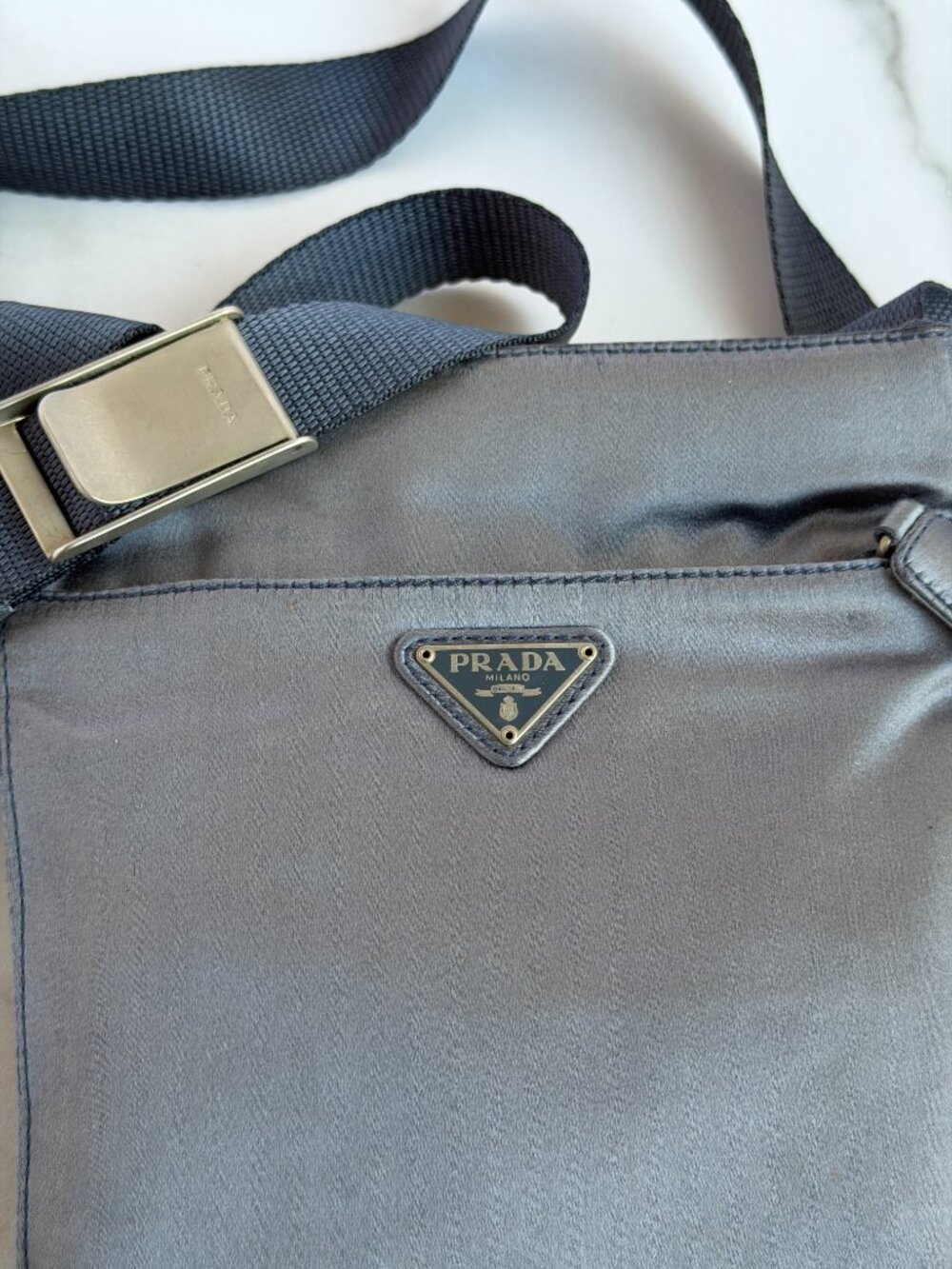 Prada Crossbody Messenger Shoulder Bag Milano Gray Satin Nylon AUTHENTIC - Picture 2 of 8